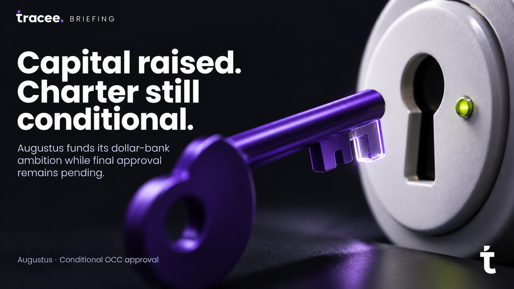 Tracee briefing cover, 'Capital raised, charter still conditional': Augustus raises funding for its dollar clearing bank ambition while its OCC national trust charter approval remains conditional, not final.