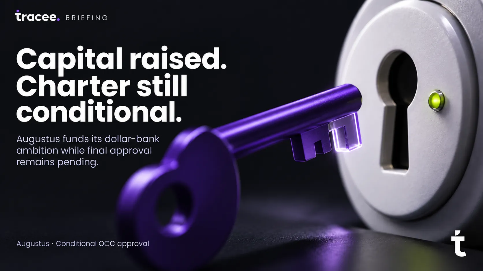 Tracee briefing cover, 'Capital raised, charter still conditional': Augustus raises funding for its dollar clearing bank ambition while its OCC national trust charter approval remains conditional, not final.