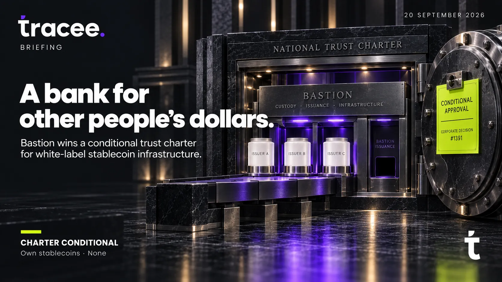 Tracee briefing cover, 'A bank for other people's dollars': Bastion wins a conditional OCC national trust charter for white-label stablecoin infrastructure, issuing none of its own.