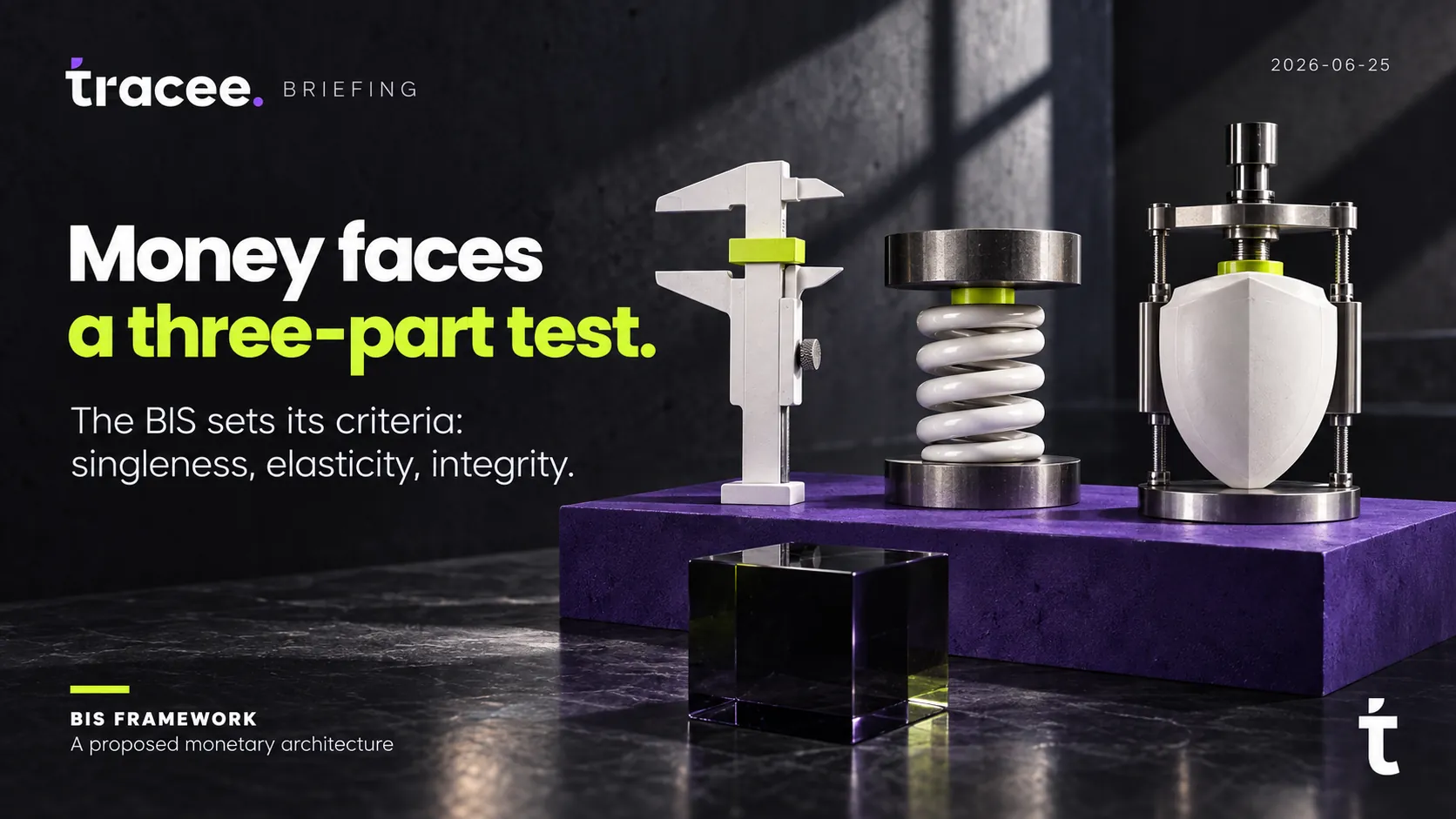 Tracee briefing cover, 'Money faces a three-part test': the BIS sets its criteria for sound money, singleness, elasticity, and integrity, as a proposed monetary architecture for the $320B stablecoin market.