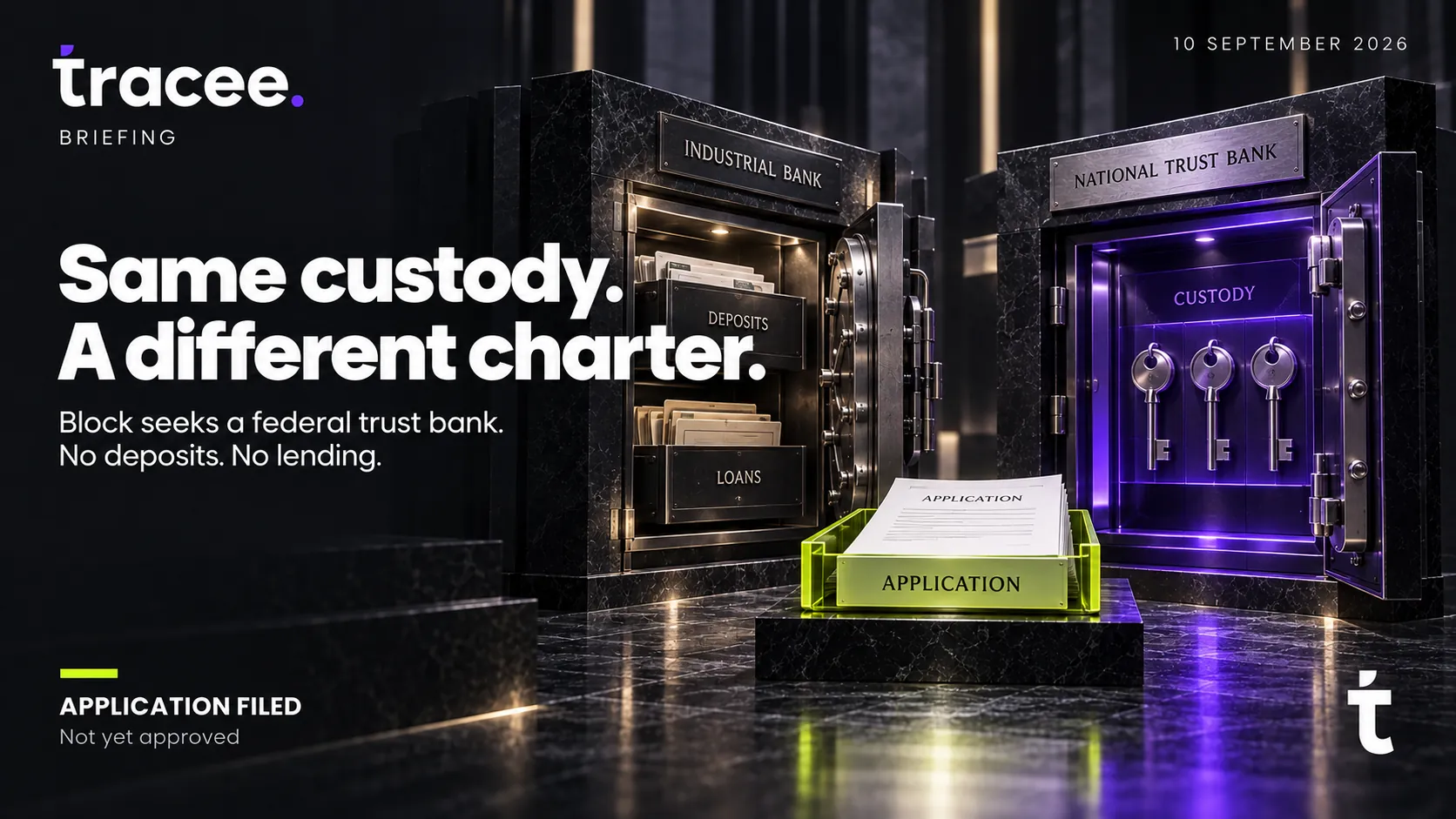 Tracee briefing cover, 'Same custody, a different charter': Block files for a federal trust bank charter for Builders Bank, with no deposits and no lending, application filed and not yet approved.