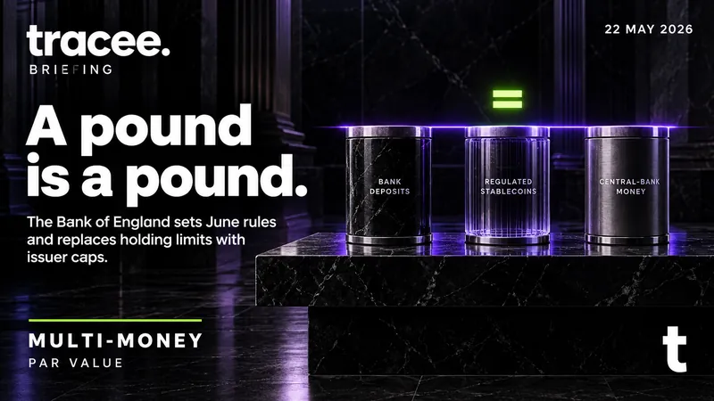 Tracee briefing cover, 'A pound is a pound': The Bank of England sets June rules and replaces holding limits with issuer caps.