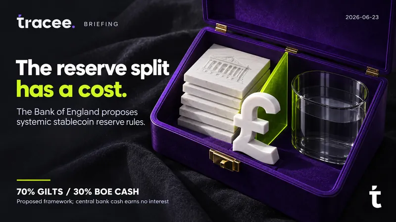 Tracee briefing cover, 'The reserve split has a cost': the Bank of England proposes systemic stablecoin reserve rules of 70% gilts and 30% BoE cash, the latter earning no interest.