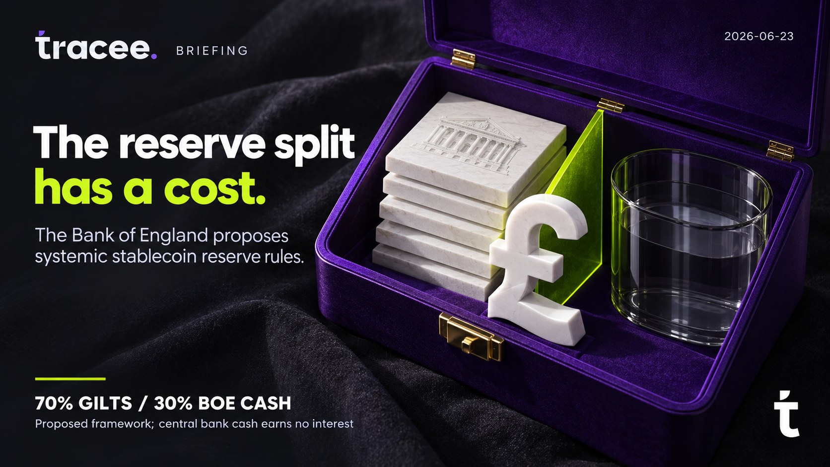 Tracee briefing cover, 'The reserve split has a cost': the Bank of England proposes systemic stablecoin reserve rules of 70% gilts and 30% BoE cash, the latter earning no interest.