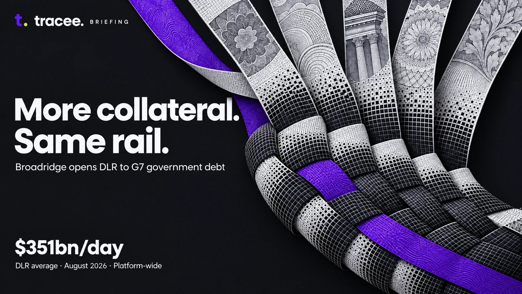 Visuel de couverture Broadridge Distributed Ledger Repo, « Plus de collatéral, même rail » : la dette souveraine du G7 rejoint les bons du Trésor américain comme collatéral éligible, 351 milliards de dollars traités chaque jour sur la plateforme en août 2026