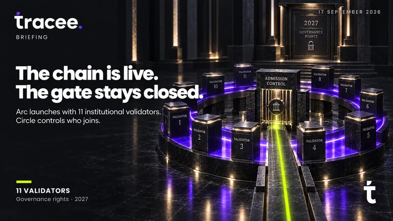 Tracee briefing cover, 'The chain is live, the gate stays closed': Circle's Arc launches with 11 institutional validators, Circle controls admission, and governance rights wait until 2027.