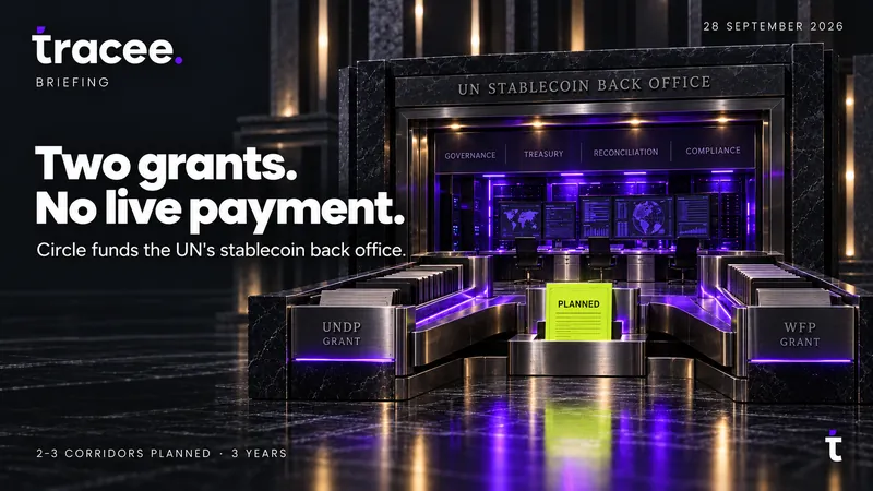 Tracee briefing cover, 'Two grants. No live payment.': Circle funds the UN's stablecoin back office.