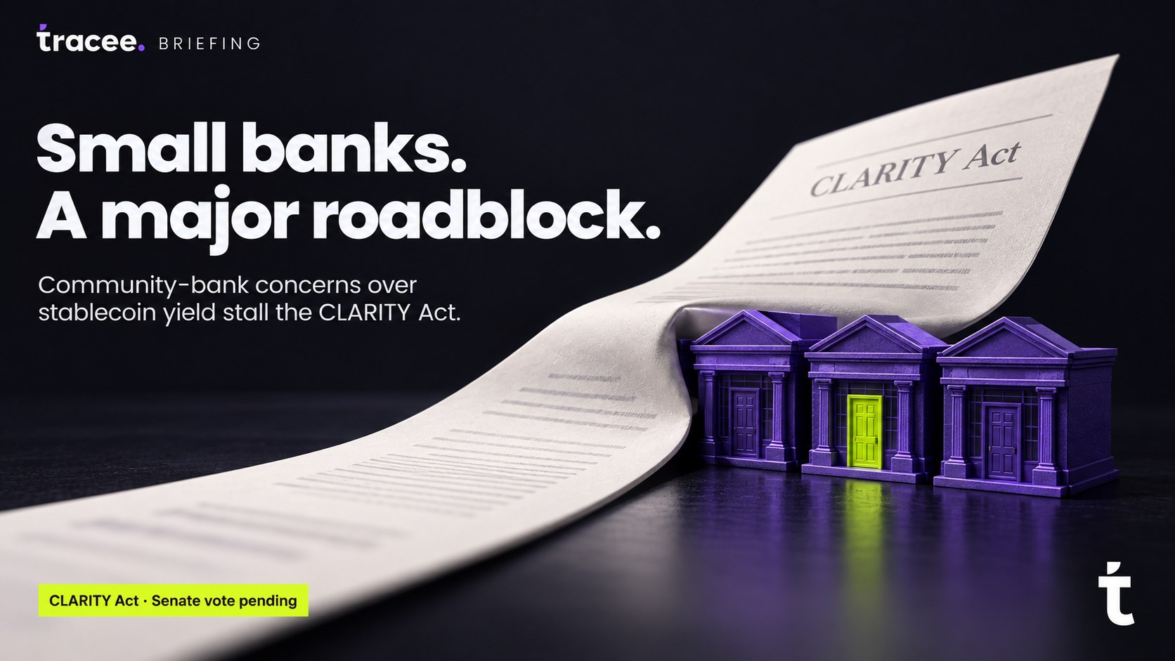 Tracee briefing cover, 'Small banks, a major roadblock': community-bank concerns over a stablecoin yield provision stall the CLARITY Act's Senate vote.