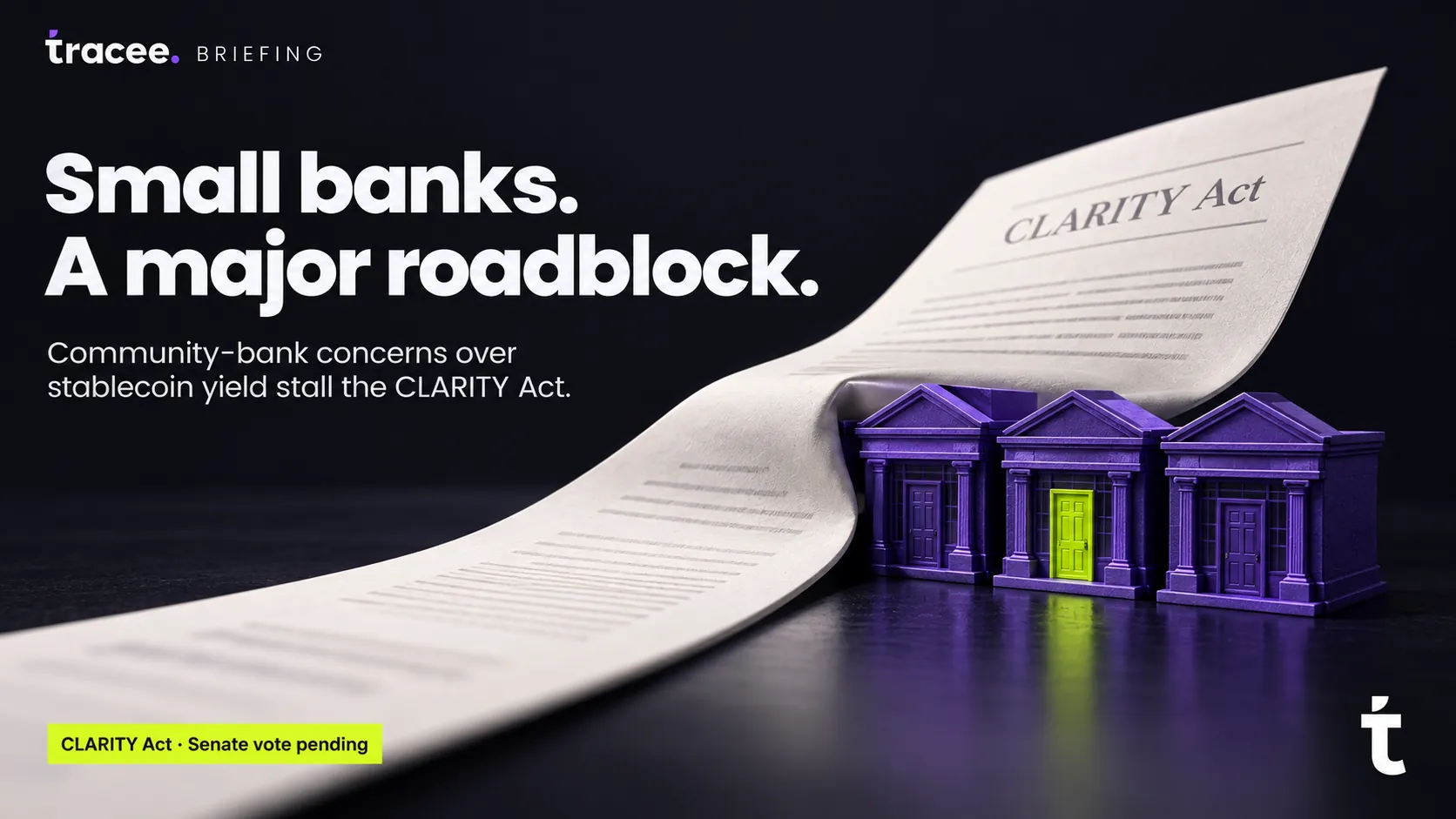 Tracee briefing cover, 'Small banks, a major roadblock': community-bank concerns over a stablecoin yield provision stall the CLARITY Act's Senate vote.