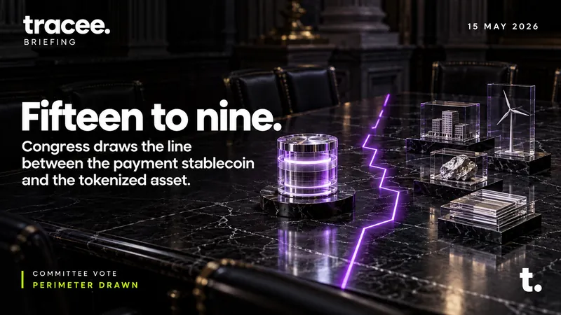 Tracee briefing cover, 'Fifteen to nine': Congress draws the line between the payment stablecoin and the tokenized asset.
