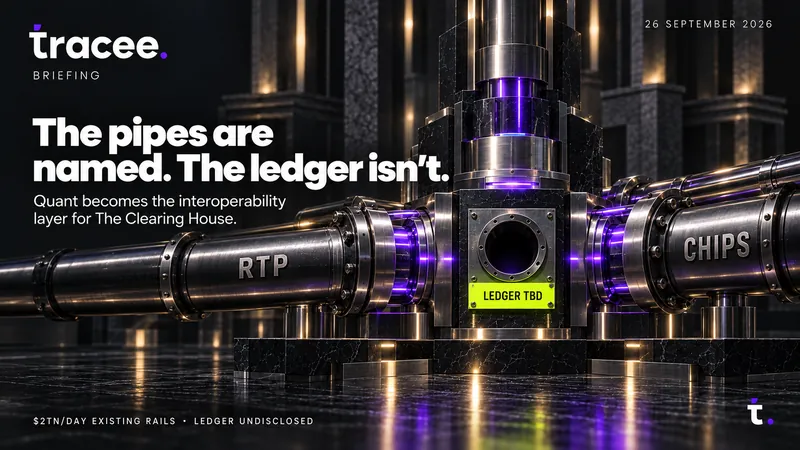 Tracee briefing cover, 'The pipes are named. The ledger isn't.': Quant becomes the interoperability layer for The Clearing House.