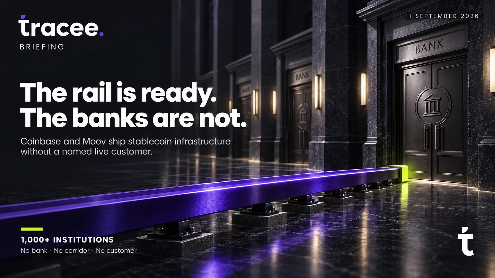 Visuel de couverture tracee, « Le rail est prêt, les banques pas encore » : Coinbase et Moov livrent une infrastructure stablecoin pour plus de 1 000 institutions, sans client bancaire nommé en production.