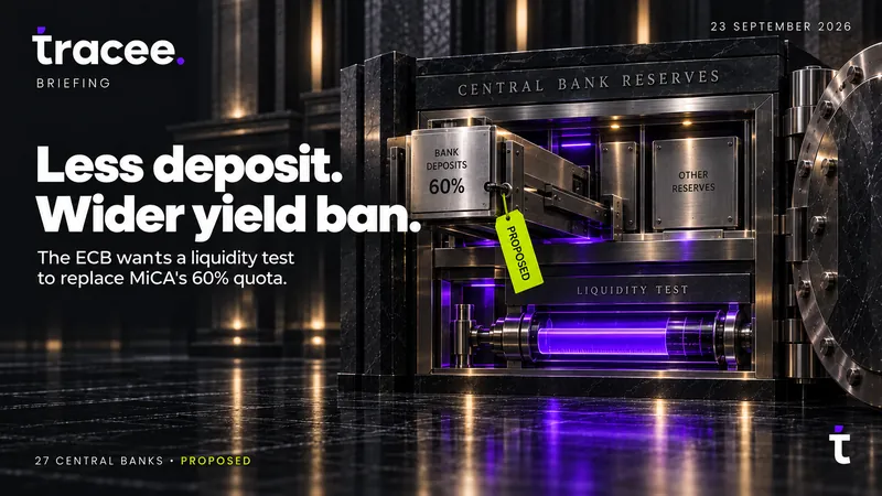 Tracee briefing cover, 'Less deposit. Wider yield ban.': the ECB wants a liquidity test to replace MiCA's 60% quota.
