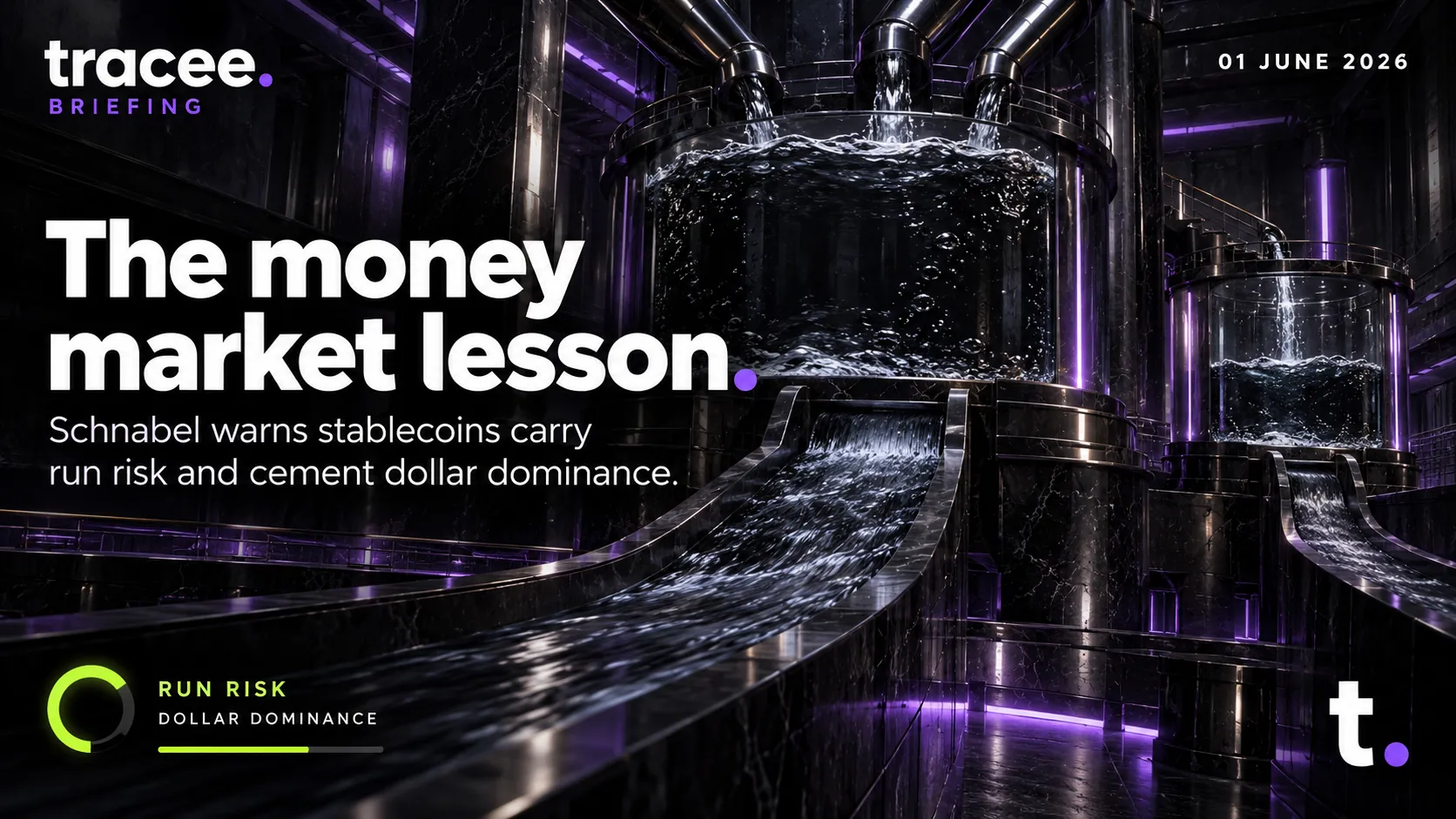 Tracee briefing cover, 'The money market lesson': Schnabel warns stablecoins carry run risk and cement dollar dominance.
