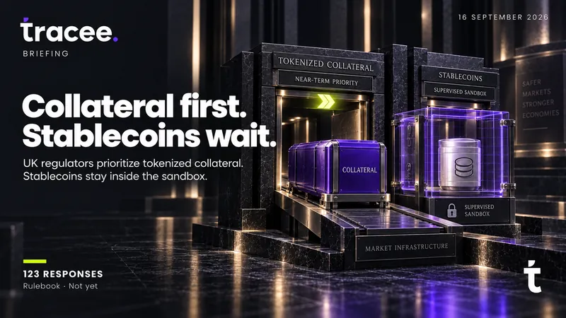 Tracee briefing cover, 'Collateral first, stablecoins wait': UK regulators prioritize tokenized collateral after 123 consultation responses, while stablecoins stay inside the supervised sandbox with no rulebook yet.