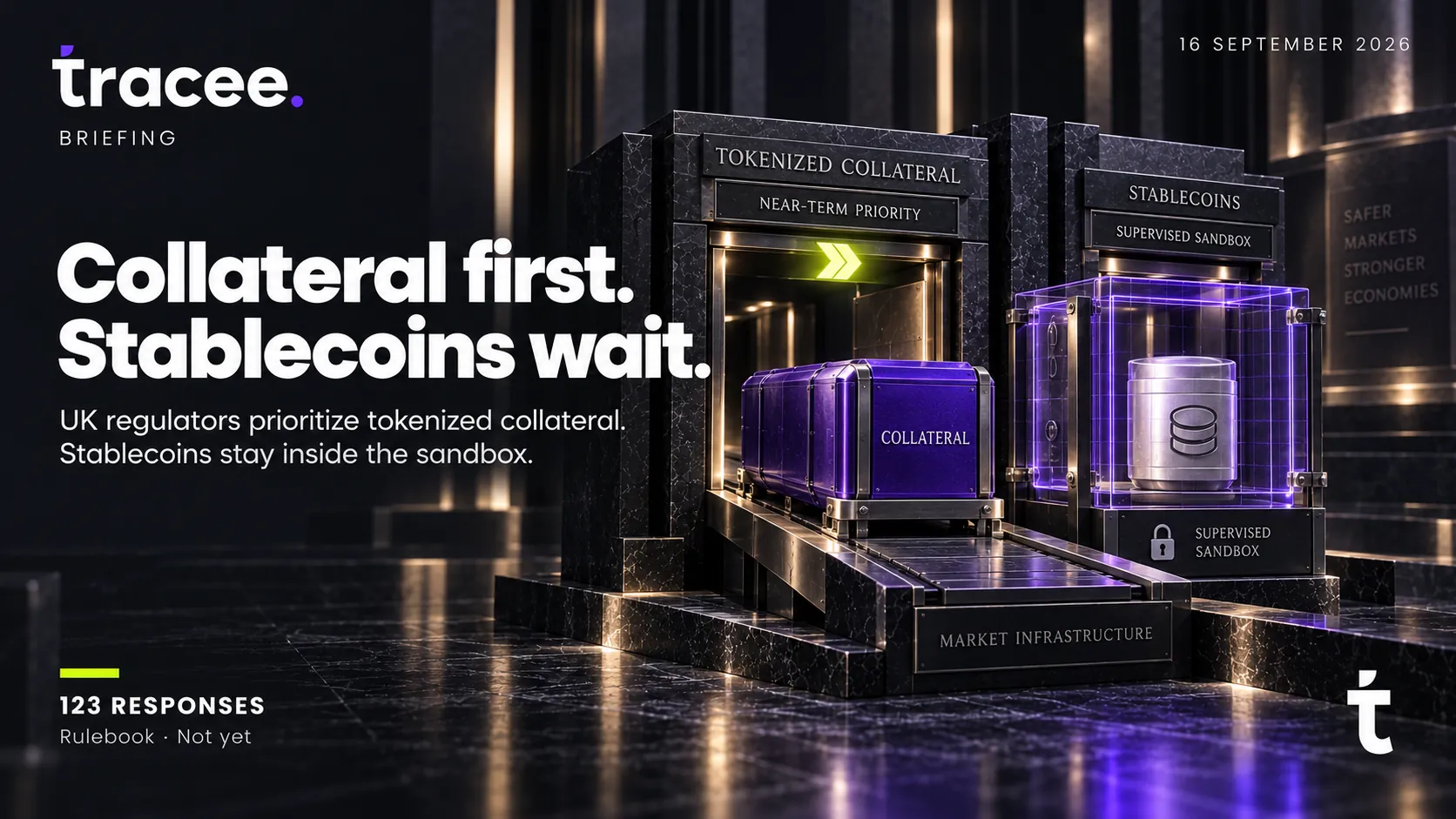 Tracee briefing cover, 'Collateral first, stablecoins wait': UK regulators prioritize tokenized collateral after 123 consultation responses, while stablecoins stay inside the supervised sandbox with no rulebook yet.