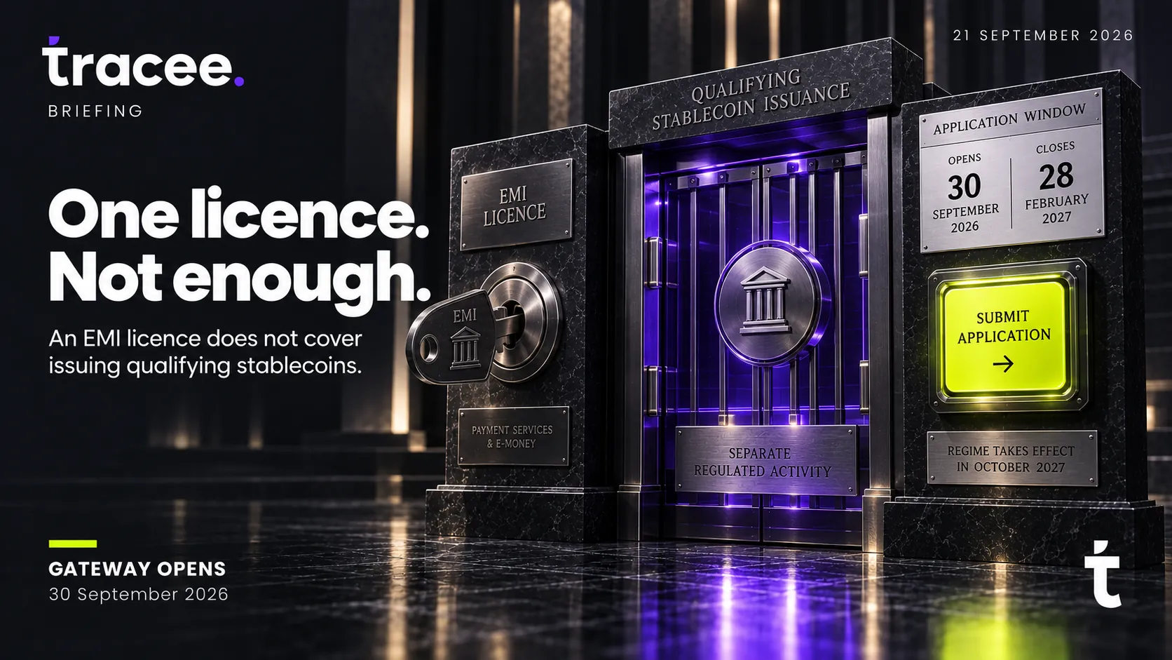 Visuel de couverture tracee, « Une licence ne suffit pas » : une licence d'EME ne couvre pas l'émission de stablecoins qualifiés, et la fenêtre de candidature de la FCA ouvre le 30 septembre 2026 jusqu'au 28 février 2027.