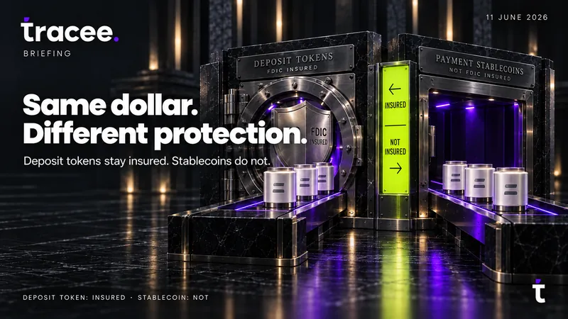 Visuel de couverture tracee, « Même dollar. Protection différente. » : les jetons de dépôt restent assurés, les stablecoins non.