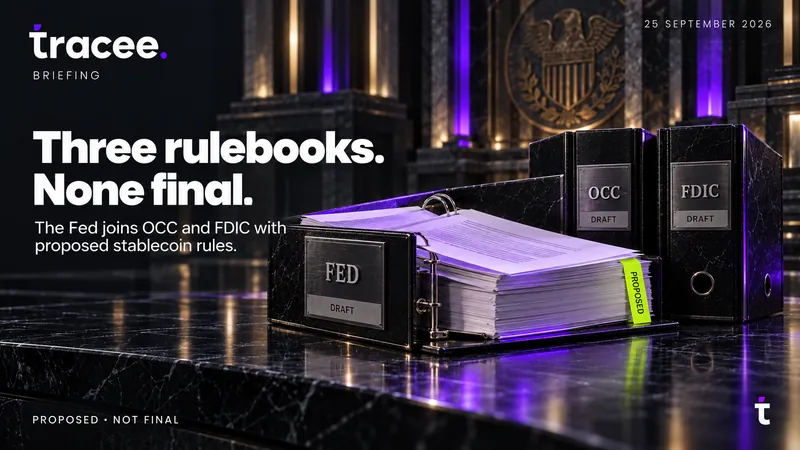 Tracee briefing cover, 'Three rulebooks. None final.': the Fed joins the OCC and FDIC with proposed stablecoin rules.