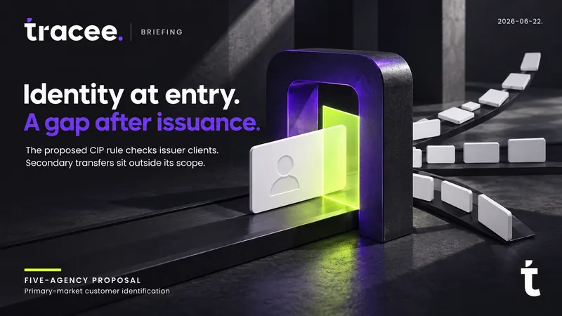 Tracee briefing cover, 'Identity at entry, a gap after issuance': the five-agency GENIUS Act proposal checks issuer clients under CIP rules, but leaves secondary-market transfers outside its scope.