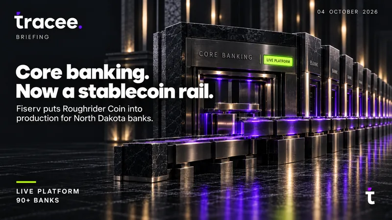 Tracee briefing cover, 'Core banking. Now a stablecoin rail.': Fiserv puts Roughrider Coin into production for North Dakota banks.