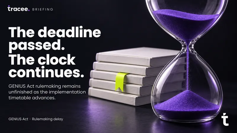 Visuel de couverture tracee, « Le délai est passé, l'horloge continue » : la réglementation du GENIUS Act sur les stablecoins reste inachevée alors que le calendrier de conformité de la loi continue d'avancer vers janvier 2027.