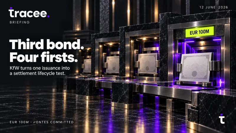 Tracee briefing cover, 'Third bond. Four firsts.': KfW turns one issuance into a settlement lifecycle test.