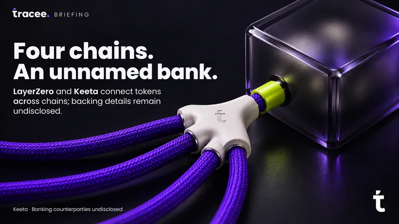 Tracee briefing cover, 'Four chains, an unnamed bank': LayerZero and Keeta connect tokenized bank deposits across four blockchains, with the banking counterparties backing them left undisclosed.