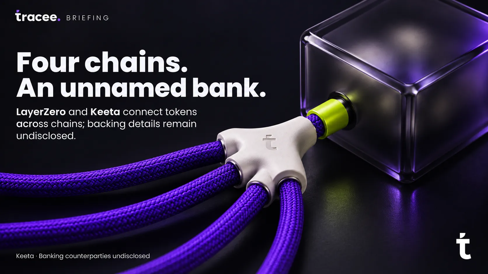 Visuel de couverture tracee, « Quatre chaînes, une banque non nommée » : LayerZero et Keeta connectent des dépôts bancaires tokenisés sur quatre blockchains, sans divulguer les contreparties bancaires qui les adossent.