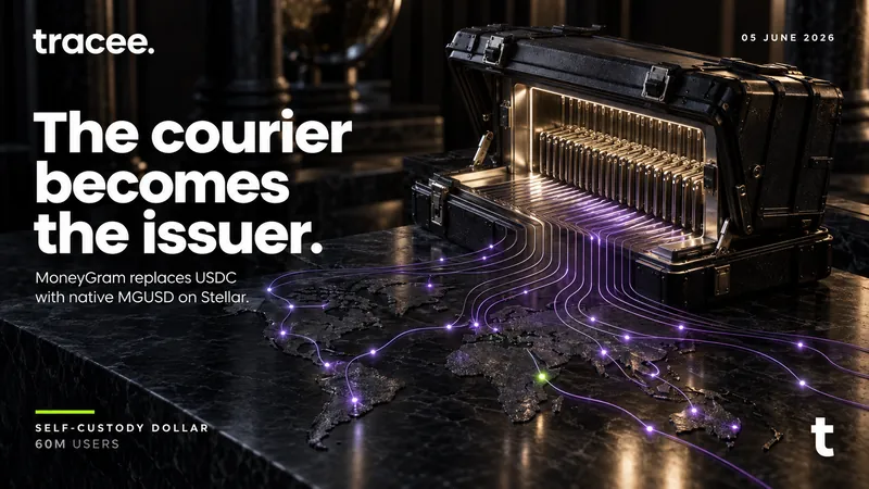 Tracee briefing cover, 'The courier becomes the issuer': MoneyGram replaces USDC with native MGUSD on Stellar.
