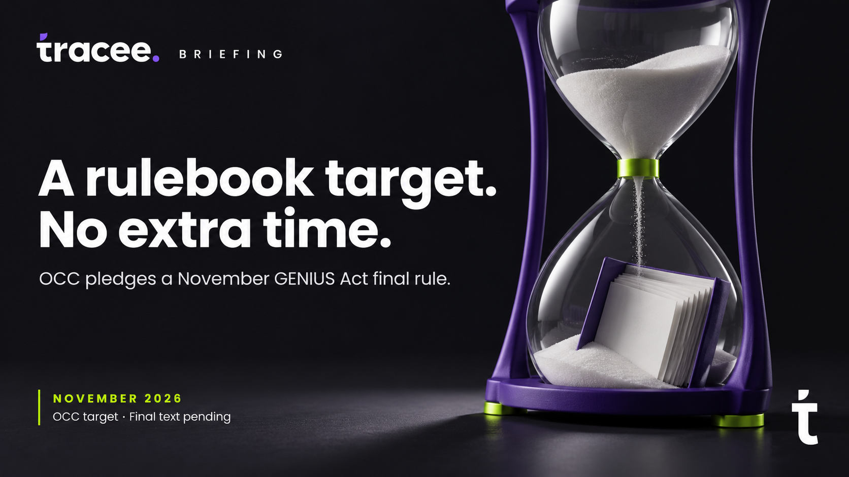 Tracee briefing cover, 'A rulebook target, no extra time': the OCC pledges a final GENIUS Act stablecoin rule by November 2026, without moving the January 2027 compliance deadline.