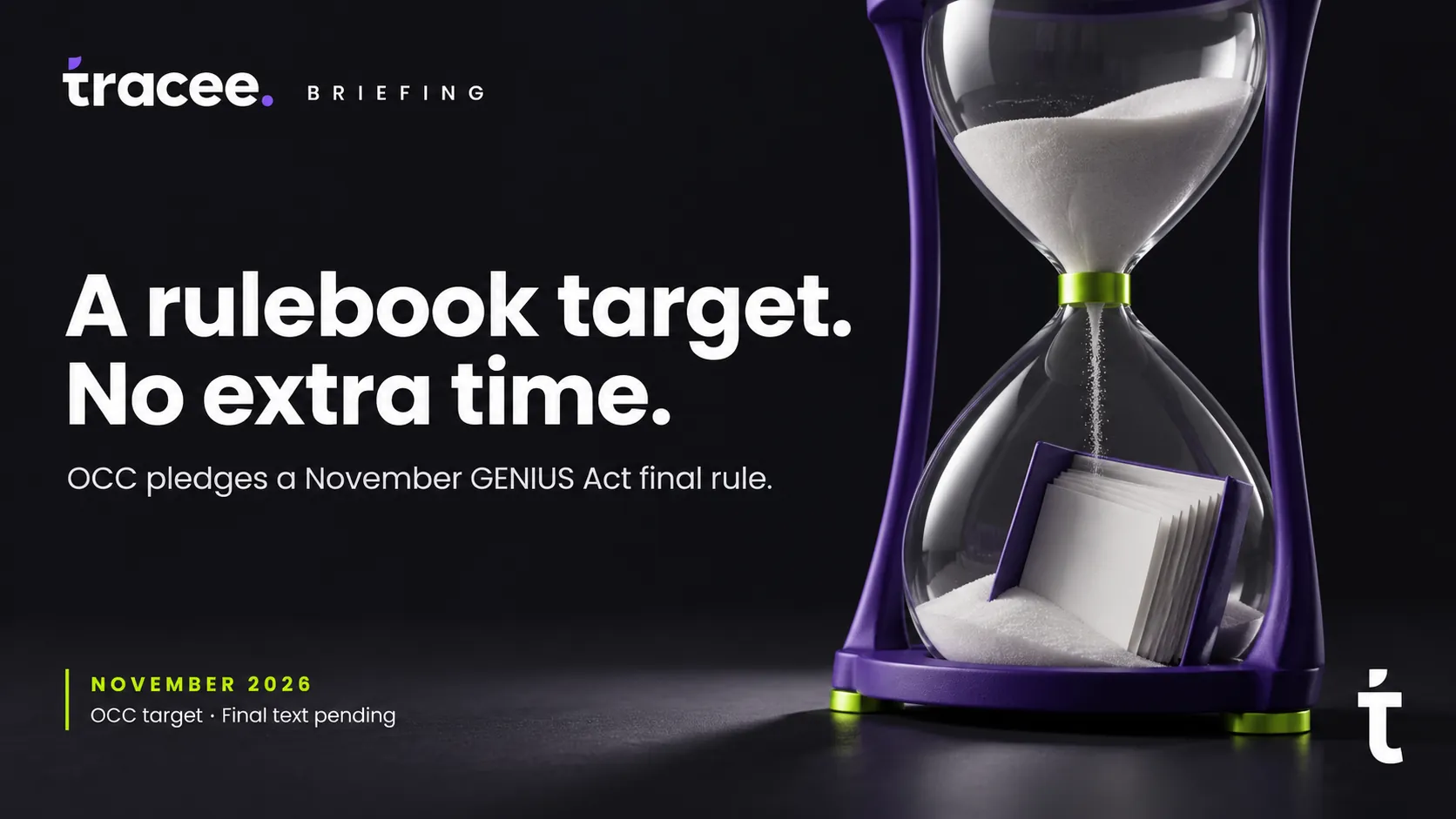 Tracee briefing cover, 'A rulebook target, no extra time': the OCC pledges a final GENIUS Act stablecoin rule by November 2026, without moving the January 2027 compliance deadline.