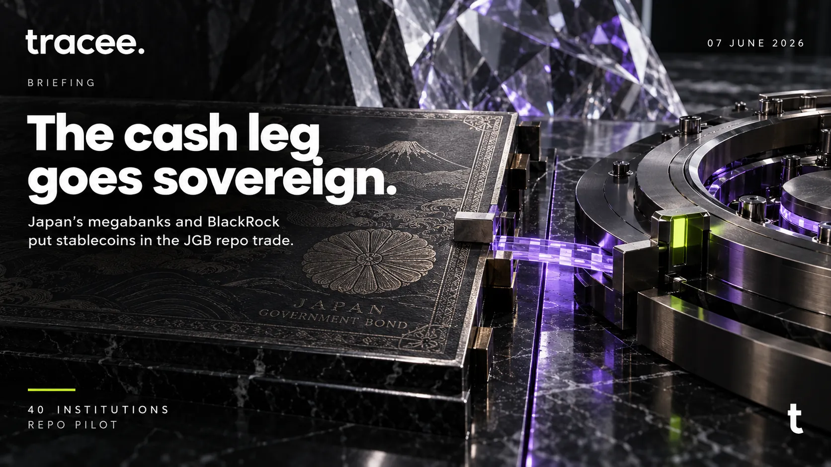 Tracee briefing cover, 'The cash leg goes sovereign': Japan's megabanks and BlackRock put stablecoins in the JGB repo trade.