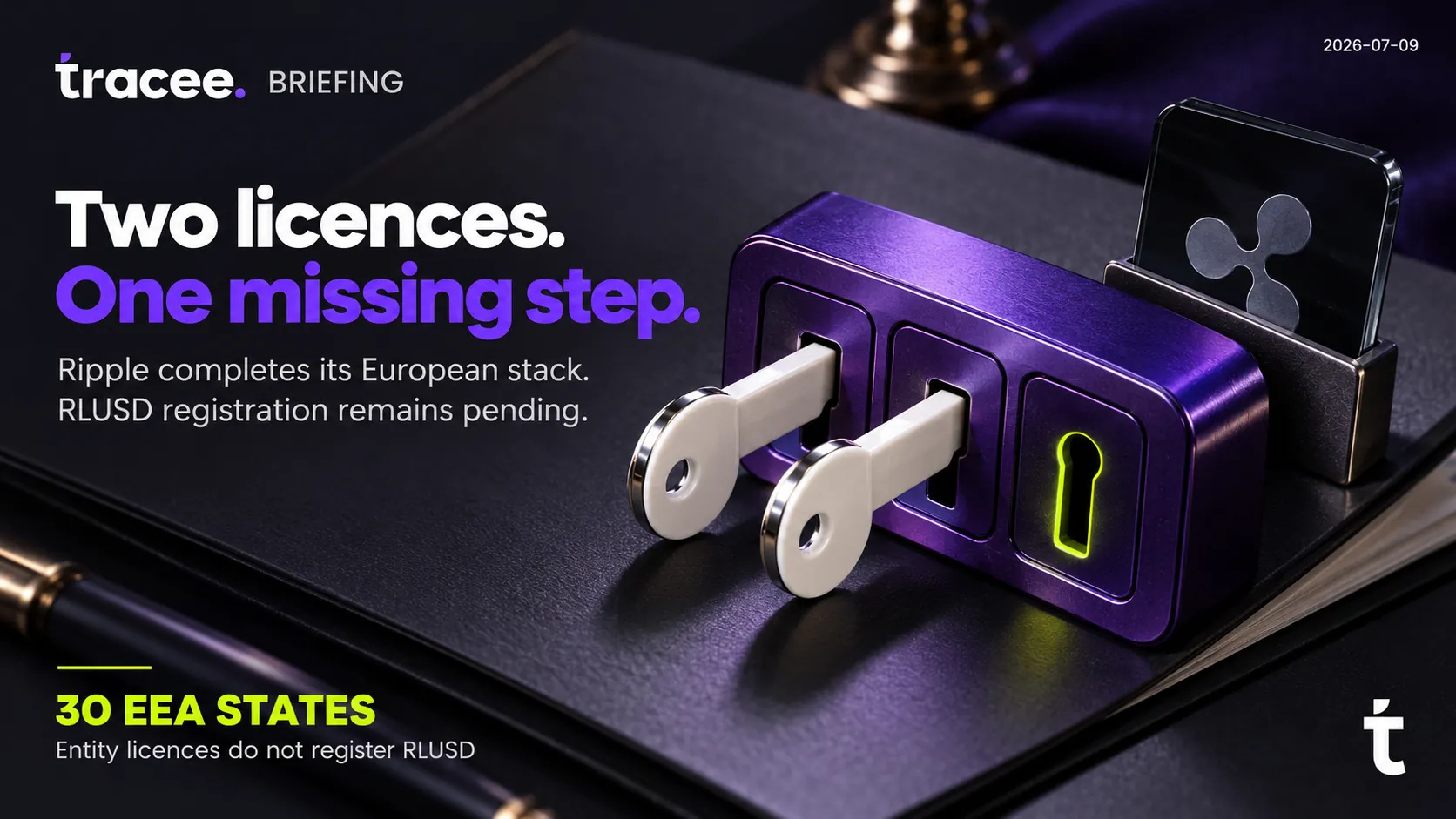 Tracee briefing cover, 'Two licenses, one missing step': Ripple completes its CASP and EMI license pair covering 30 EEA states, while RLUSD registration remains pending.