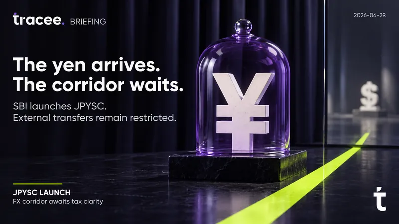 Visuel de couverture tracee, « Le yen arrive, le corridor attend » : SBI lance JPYSC, son stablecoin en yen, les transferts externes restant restreints en attendant une clarification fiscale.