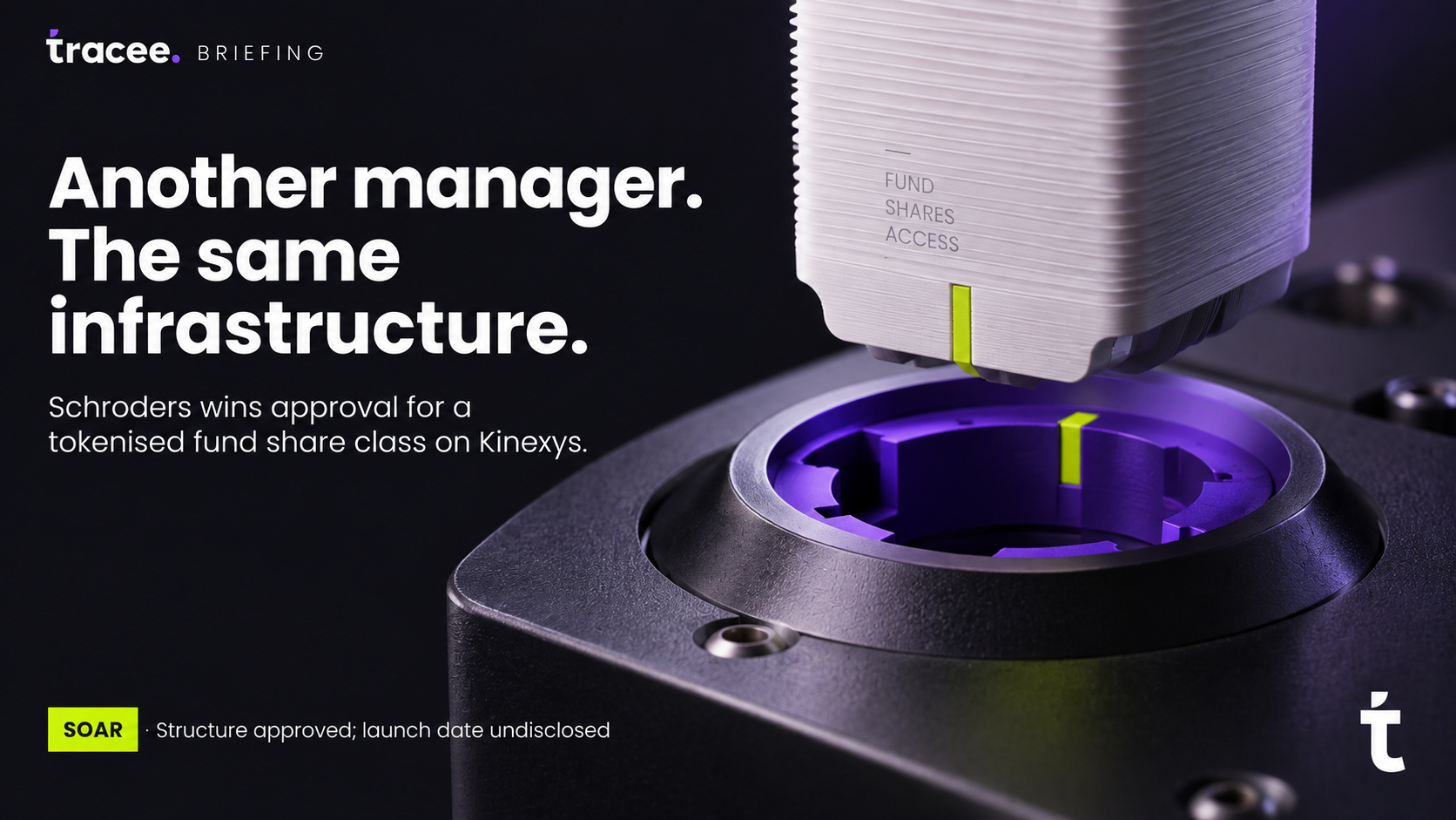 Tracee briefing cover, 'Another manager, the same infrastructure': Schroders wins Central Bank of Ireland approval for its SOAR tokenized money market fund share class, built on J.P. Morgan's Kinexys platform.