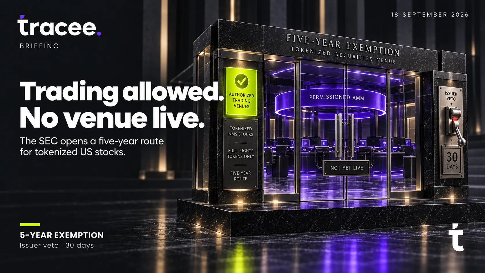 Tracee briefing cover, 'Trading allowed, no venue live': the SEC opens a five-year exemption route for tokenized US stocks, with an issuer veto and 30-day notice, but no venue trading yet.