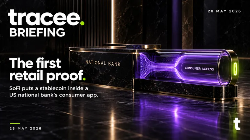 Tracee briefing cover, 'The first retail proof': SoFi puts a stablecoin inside a US national bank's consumer app.