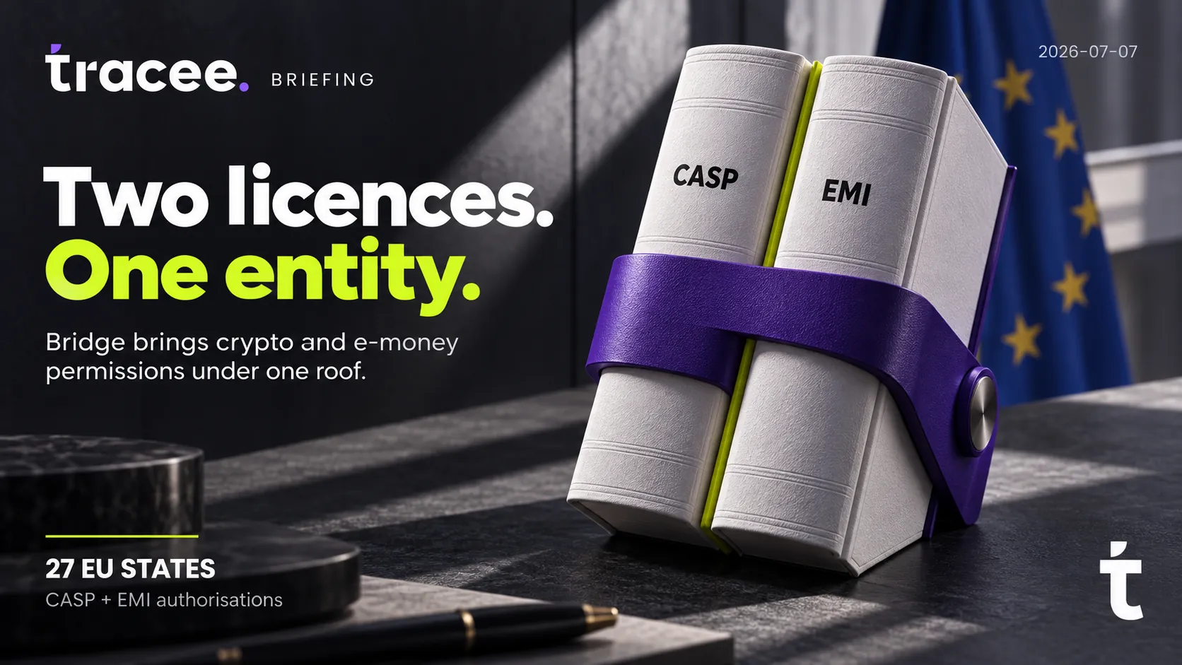 Tracee briefing cover, 'Two licenses, one entity': Stripe's Bridge brings crypto (CASP) and e-money (EMI) permissions under one Luxembourg entity, covering all 27 EU states.