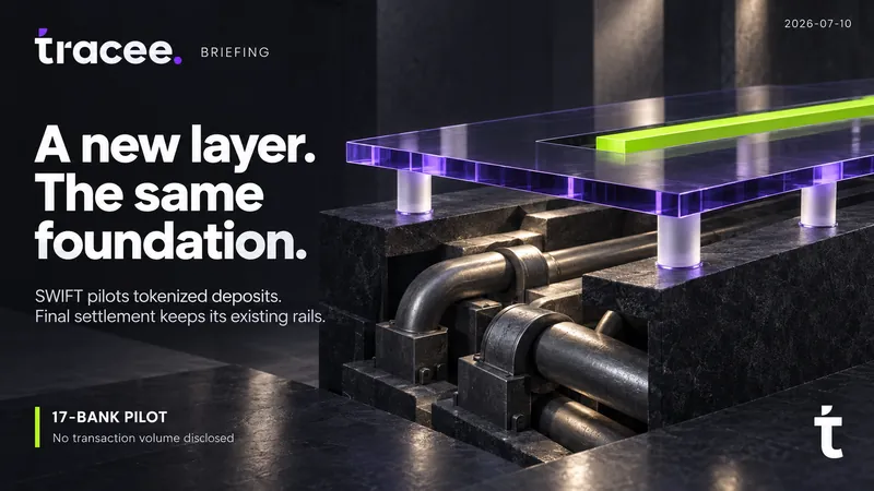 Visuel de couverture tracee, « Une nouvelle couche, le même socle » : le registre blockchain de SWIFT démarre avec un pilote de 17 banques pour les dépôts tokenisés, le règlement final restant sur les rails existants.