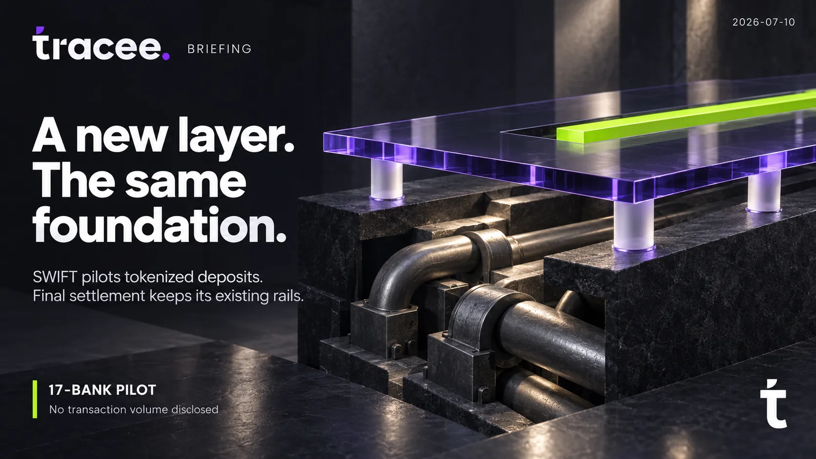 Tracee briefing cover, 'A new layer, the same foundation': SWIFT's blockchain ledger goes live with a 17-bank pilot for tokenized deposits, while final settlement still runs on its existing rails.