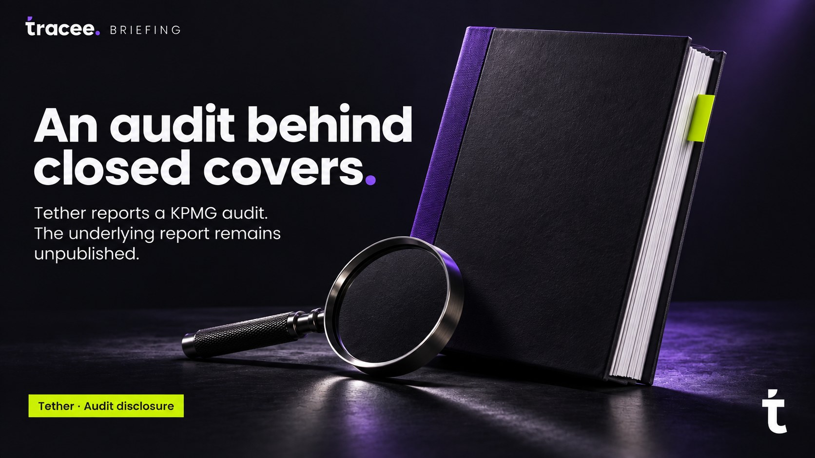 Tracee briefing cover, 'An audit behind closed covers': Tether reports KPMG completed its first full independent audit, confirming a reserve surplus, but the underlying audit report itself remains unpublished.
