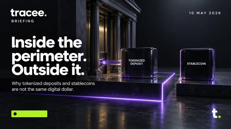 Visuel de couverture tracee, « Dans le périmètre. En dehors. » : pourquoi dépôts tokenisés et stablecoins ne sont pas le même dollar numérique.