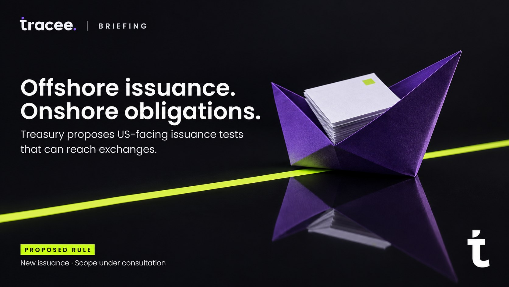 Tracee briefing cover, 'Offshore issuance, onshore obligations': US Treasury proposes a test for when a stablecoin is issued in the United States, reaching exchanges that coordinate on a new issuance.
