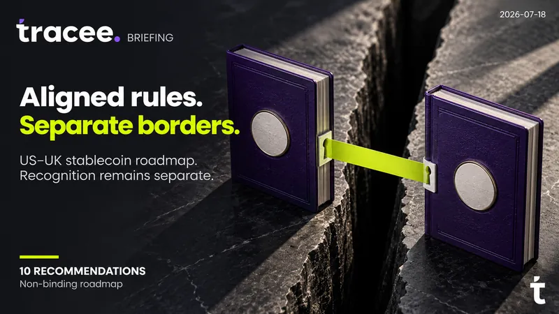 Tracee briefing cover, 'Aligned rules, separate borders': the US and UK publish a joint stablecoin roadmap with 10 non-binding recommendations, but keep cross-border recognition separate.