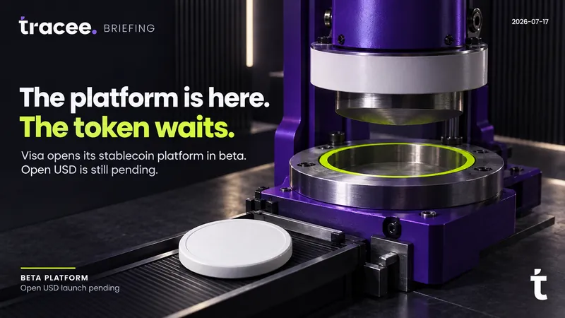 Tracee briefing cover, 'The platform is here, the token waits': Visa opens its stablecoin platform in beta, with the Open USD stablecoin it's built to carry still pending launch.