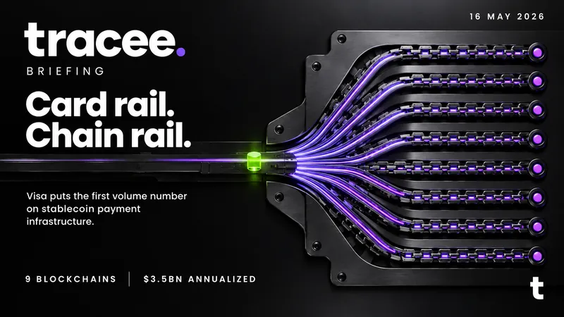 Tracee briefing cover, 'Card rail, chain rail': Visa puts the first volume number on stablecoin payment infrastructure.