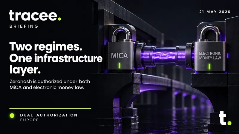 Tracee briefing cover, 'Two regimes, one infrastructure layer': Zerohash is authorized under both MiCA and electronic money law.